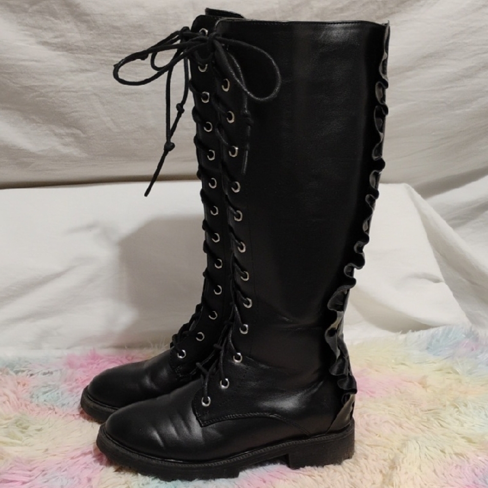 (#29) SALE! JF Davenport Ruffle Back Tall Boots Black Lace-Up Knee-High Boots